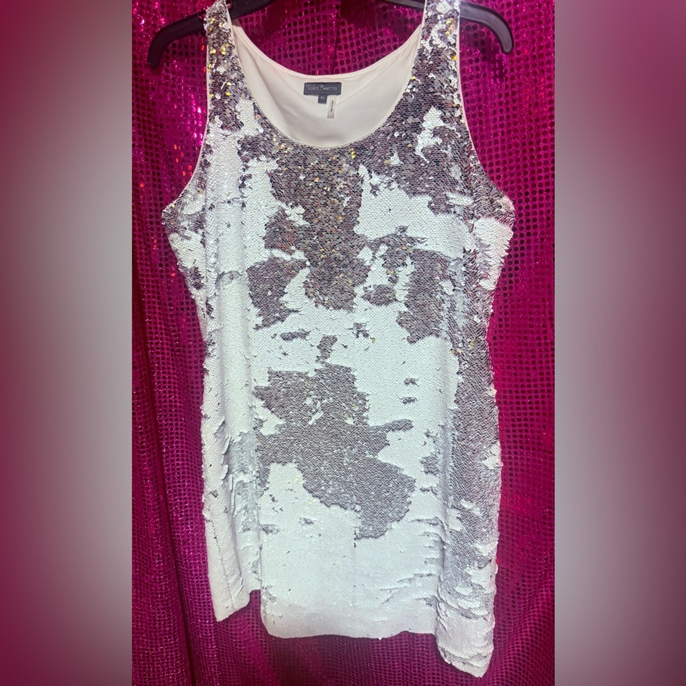 Vince Camuto White and Silver Sequin Blouse